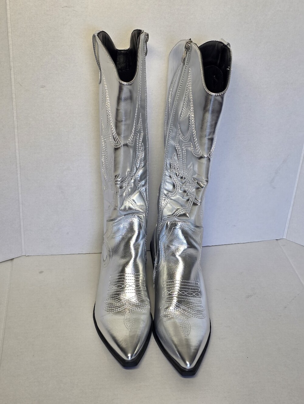 New Silver Disco Cowboy Boots Knee Hi Womans Sz 40 US 8 Lined Zip Up Side - Picture 4 of 8